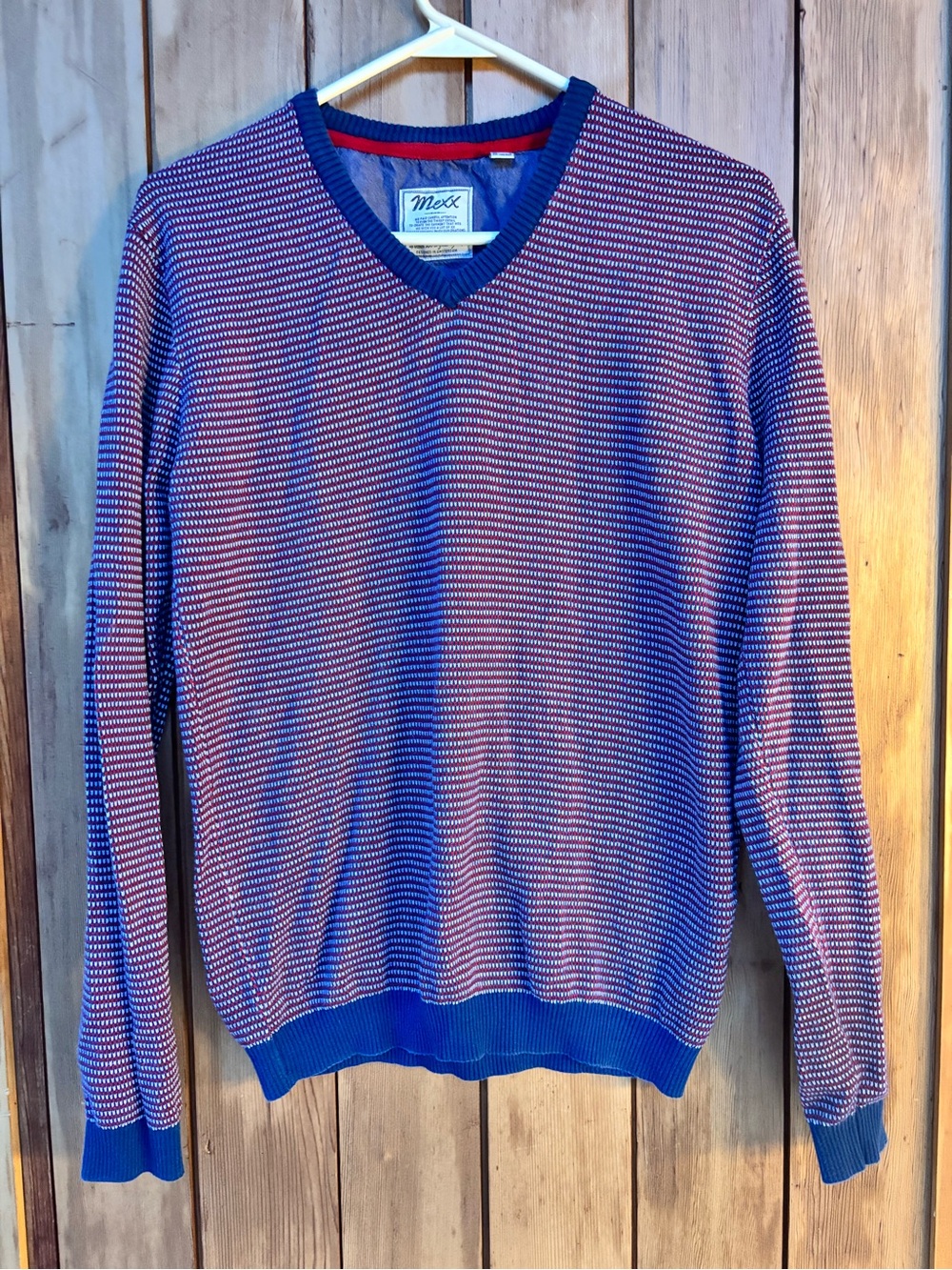 Vintage Mexx Red & Blue Micro-Pattern V-Neck Knit Sweater - Size S